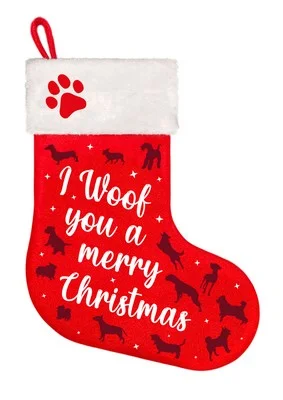 Julestrømpe Hund Rød "I Woof You a Merry Christmas"