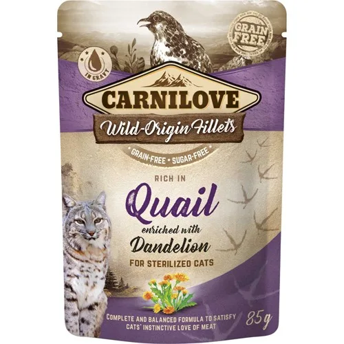 Carnilove Cat Våtfôr Pouch vaktel m/løvetann 85g